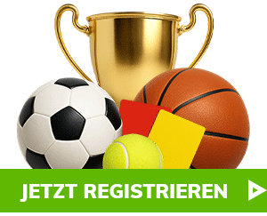 Verschiedene Sportbälle vor einem goldenen Pokal mit grüner Registrierungsaufforderung
