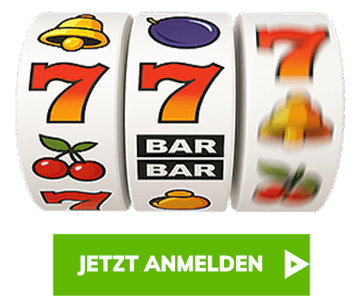 Slotmaschine mit Kirschen Glocken und Siebenern über grünem Anmeldebutton