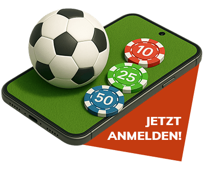 Smartphone mit Fußball und farbigen Chips auf grünem Untergrund