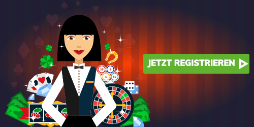 Illustration einer Spielbank mit Dealerin und verschiedenen Casino Symbolen